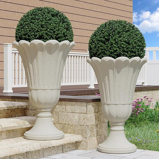 23" Tall Planters for Outdoor Plants Set of 2, Planter with Drainage Holes and Petal Design, Large Outdoor Planters for Porch, Garden, Indoor, Beige Rootora