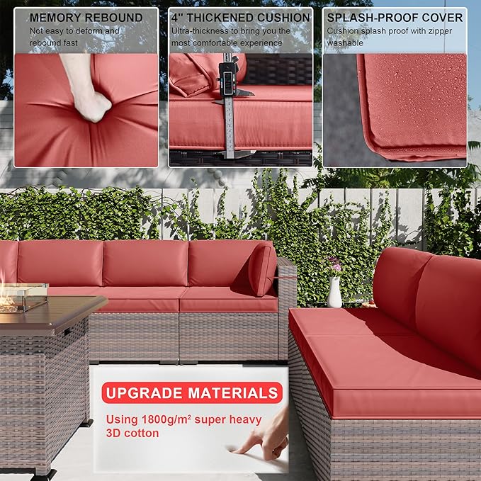 Kullavik 10 Pieces Outdoor Patio Furniture Set with 43" 55000BTU Gas Propane Fire Pit Table PE Wicker Rattan Sectional Sofa Patio Conversation Sets,Red KULLAVIK
