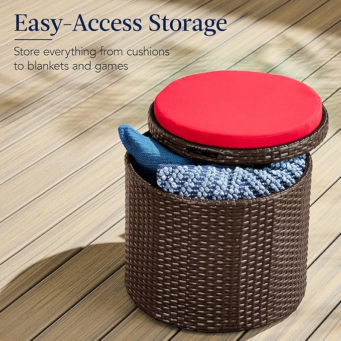 Best Choice Products Round Wicker Ottoman, Multipurpose Outdoor Furniture for Patio, Backyard, Additional Seating, Footrest, Side Table w/Storage, Removable Cushions – Brown/Red BestChoiceProducts