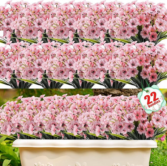 22 Pack Artificial Flowers Outdoor Fake Plants, Faux Flowers UV Resistant with Plastic Plants, Faux Silk Flowers for Outdoors Outside Front Porch Hanging Planter Window Box Garden Decoration(Pink) Powbrace