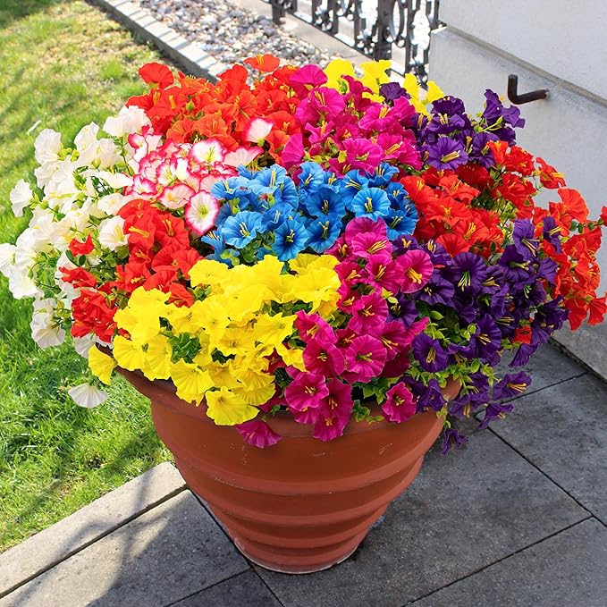 16PCS Artificial Fake Flowers for Outdoors/Indoors, Faux Silk Colorful Morning Glory with Eucalyptus, UV Resistant Realistic Floral Arrangement for Garden Porch Window Box Home Balcony Yard (8 Colors) ColoPlay
