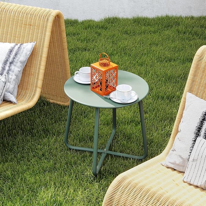 HollyHOME Round Metal Side Table, Rust-Resistant Patio Small Plant Stand, Outdoor 17.32'' Portable End Table for Balconies, Gardens, Living Rooms and Bedrooms, Atrovirens HollyHOME