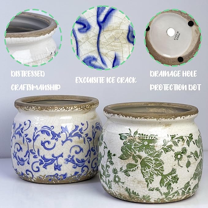 Flower Pot,Vintage Ceramic Pot for Planter with Drainage Holes, 6.29 inch Ice Crack Glazed Indoor Planters Pot for Indoor,Tuscan Home Decor,Gardening Gifts,Blue and White (Tropical) Dosayes