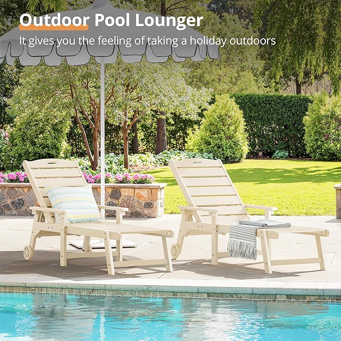 LUE BONA Outdoor Chaise Lounge, HDPS Chaise Lounger, 5 Positions Adjustable Lounge Chairs, Pool Lounge Chair with Wheels for Poolside, Backyard, Sand LUEBONA