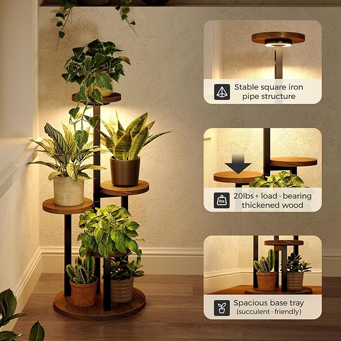 Bamworld Plant Stand with Grow Lights Indoor Plant Stand Tall Metal Wood Plant Shelf Outdoor Corner Plant Stands Indoor Plant Table Rack 5 Tier Tier Plant Stand Garden Accessories for Living Room Balcony Patio Bamworld