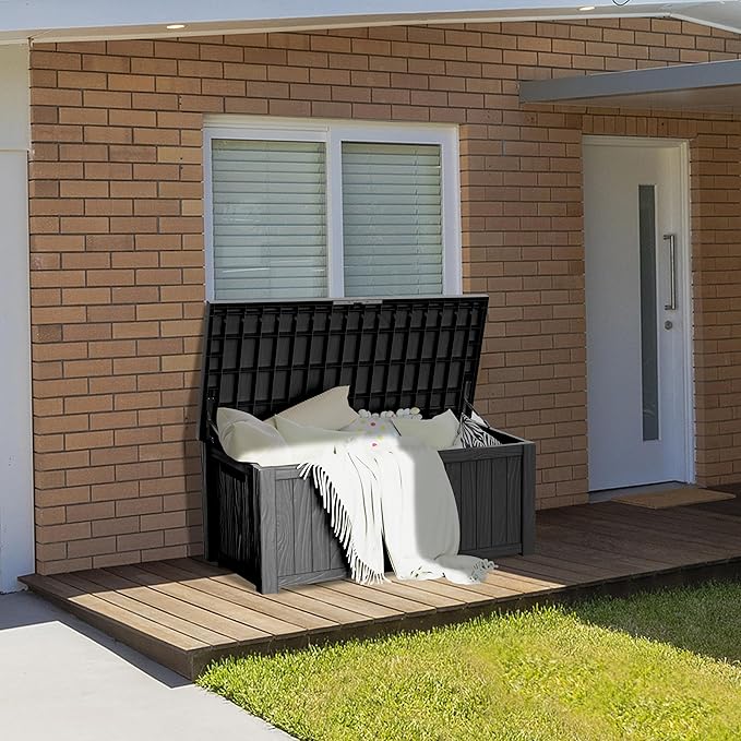 TARKARI 150 Gallon Lockable Resin Deck Box, Waterproof & UV-Resistant Outdoor Storage Box for Outdoor Cushion Storage, Garden Tools & Pool Accessories Storage, Black Home