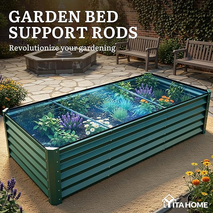 YITAHOME 8x4x1.5ft Large Raised Garden Bed Kit, Galvanized Metal Planter Box with Gloves, Ground Nails & Safety Rubber, Outdoor Above Ground Planters for Plants Vegetables Flowers, Green YITAHOME