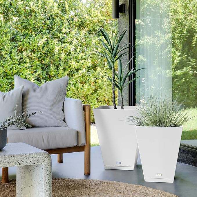 Veradek Nobleton Indoor/Outdoor Wide Square Planter (White, 22 inch - 2 Pack with 2 Saucer Trays) VeradekOutdoor