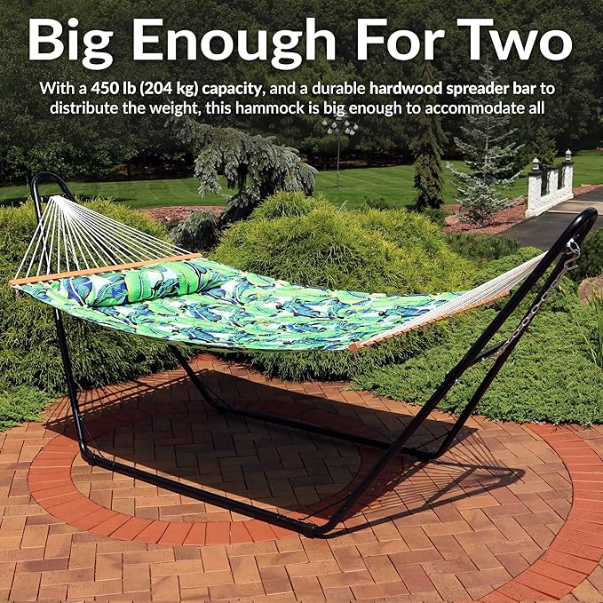 Sunnydaze Quilted Outdoor Hammock with Spreader Bars - Heavy-Duty 450-Pound Capacity Double Hammock for Outside - Exotic Foliage SunnydazeDecor