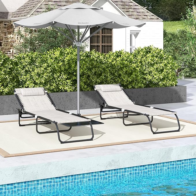 Outsunny Folding Chaise Lounge Chair Set of 2, Patio Sun Tanning Chair, Outdoor Chaise Lounger with 4-Position Reclining Back, Breathable Mesh Seat for Beach, Poolside, Cream Outsunny