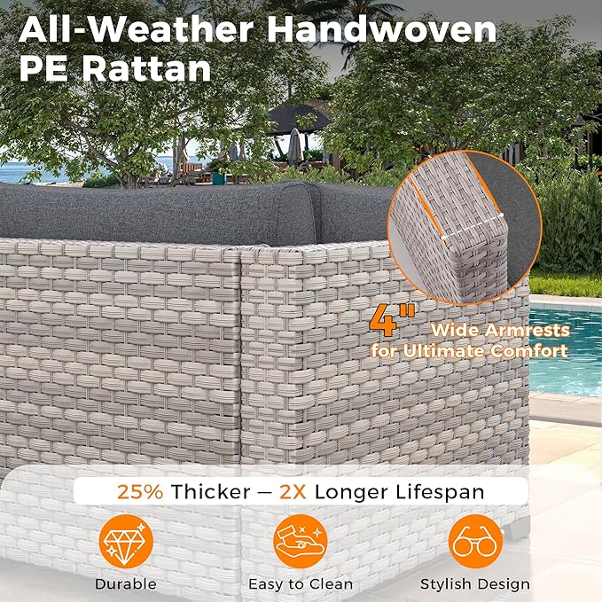 6-Piece Outdoor Patio Furniture Set, All-Weather Wicker Sectional Sofa with Deep Seating 4” Cushions, Heavy-Duty Steel Frame, Modular Rattan Couch for Backyard, Deck & Garden, Black MASIONBACKYARDS