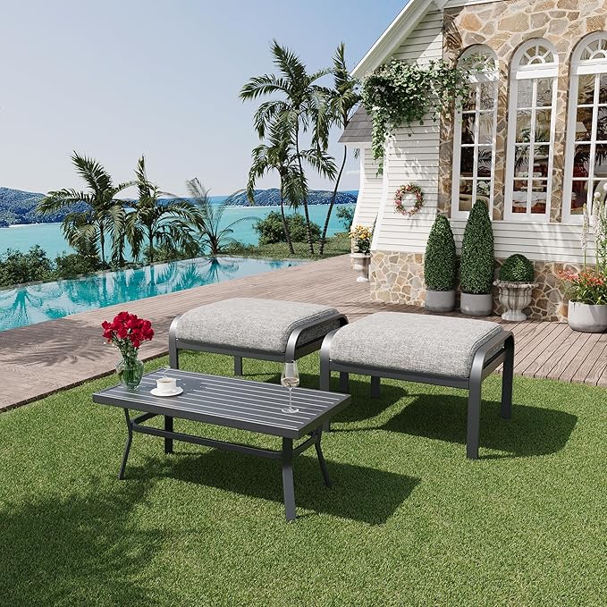 HOMREST Metal Outdoor Ottoman, 3-Piece Aluminum Footstool w/Removable Cushion, Multipurpose Footrest Stool with Coffee Side Table Additional Seating, Set of 3 Outdoor Ottomans for Patio Deck (Grey) HOMREST