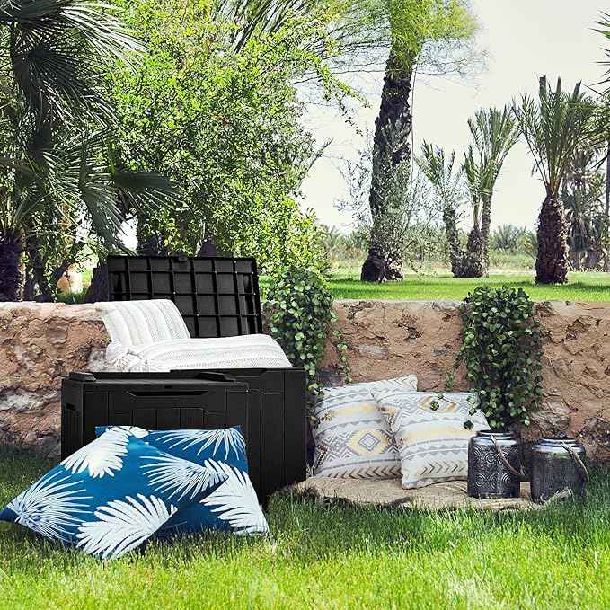 JUMMICO 31 Gallon Resin Deck Box Waterproof Indoor Outdoor Storage Boxes for Patio Furniture Cushions and Garden Tools (Black)