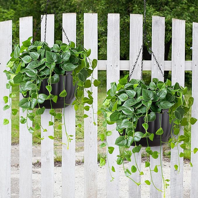 YIKUSH Planters for Outdoor Plants 2 Pack Black Plant Pots with Drainage Hole and Absorbing Tray Hanging Planters for Indoor Plants (12 inch, 3 Hooks) YIKUSH