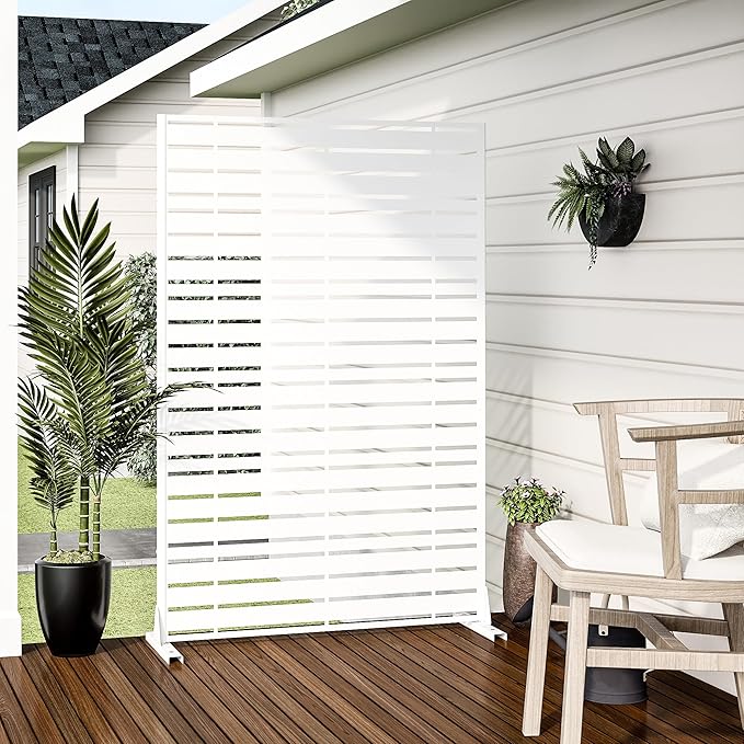 Casaphoria 72" H x 47" W Metal Privacy Screen, Outdoor Freestanding Decorative Divider for Patio, Deck, Balcony, and Garden with Stable Base, White-Adams Casaphoria