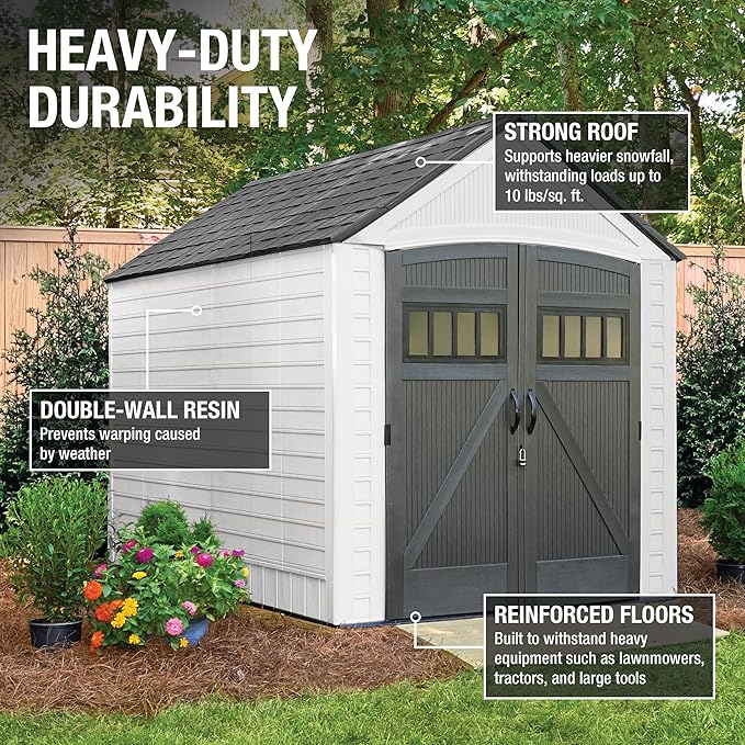 Rubbermaid Resin Outdoor Storage Shed With Floor (7 x 10.5 Ft) Weather Resistant, White, Organization for Home/Backyard/Garden Tools/Lawn Mower/Bike Storage/Pool Supplies Rubbermaid