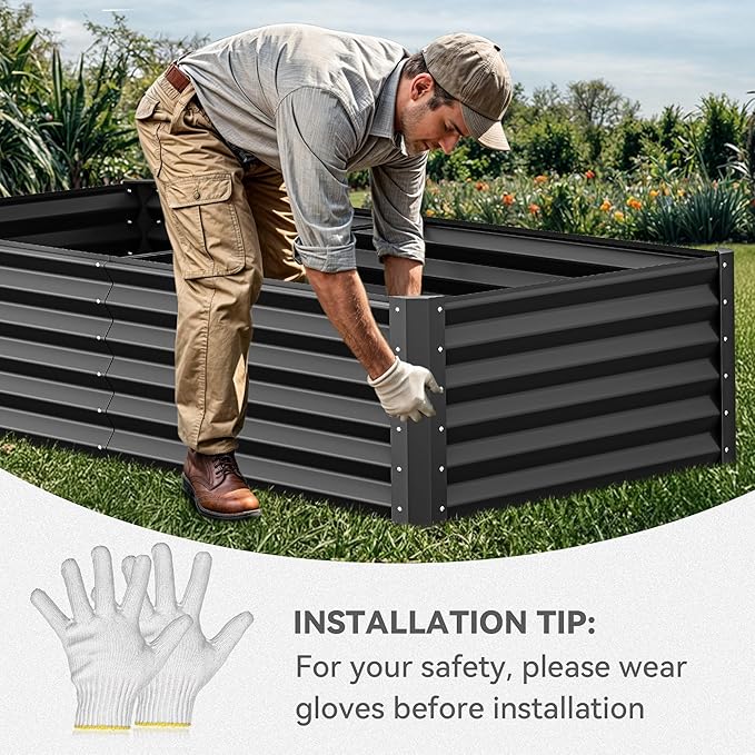 YITAHOME 6x3x1.5 ft Galvanized Raised Garden Bed Kit, Large Metal Planter Box with Gloves & Support Rod, Outdoor Flower Bed for Plants Vegetables, Black YITAHOME