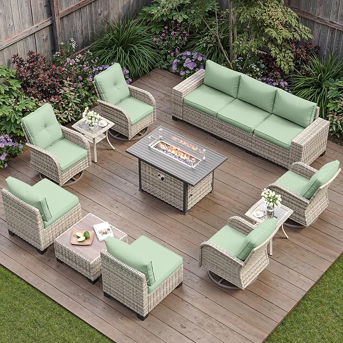 13-Piece Outdoor Patio Furniture Set with Rocking Swivel Chair, PE Wicker Rattan Sectional Sofa Patio Conversation Set with 55,000 BTU Fire Pit Table & Coffee Table, Light Green MuphyersPatioFurniture