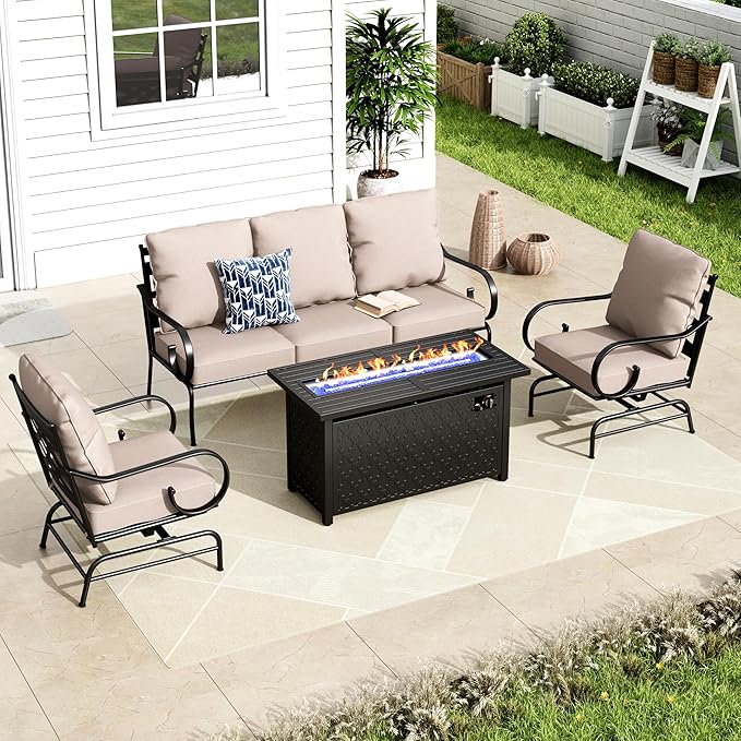 MFSTUDIO 5 Seats Large Metal Patio Conversation Sets, 4 Pieces Outdoor Sectional Furniture Sofa with 2 x Motion Chairs, 1 x 3-seat Sofa and 1 x 45 inches Rectangular Propane Fire Pit Table MFSTUDIO