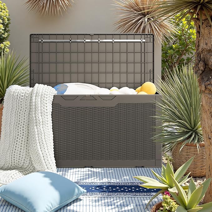 JUMMICO 100 Gallon Resin Deck Box, Waterproof Outdoor Storage Box with Lockable Lid for Garden Tools, Patio Cushions (Light Brown) JUMMICO