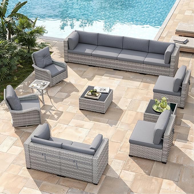 10-Seat Modern Patio Furniture Set with Swivel Rocking Chairs, Thick 4″ Cushions, Dual-Strand Wicker Rattan, Rust-Resistant Steel Frame – Outdoor Conversation & Modular Sectional,Gray MASIONBACKYARDS