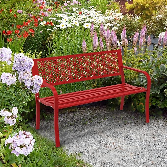 VINGLI 50" Outdoor Bench Metal with Floral Back, Garden Bench Front Porch Bench for Yard Patio Entryway Park Outside, 800lb Capacity - Red VINGLI