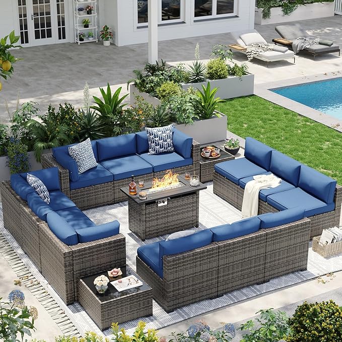 Aoxun Patio Furniture Sets, 15-Piece Outdoor Patio Furniture with 44'' Propane Gas Firepit Table, Wicker Outdoor Conversation Set Sectional Sofa for Backyard, Poolside, Garden Aoxun