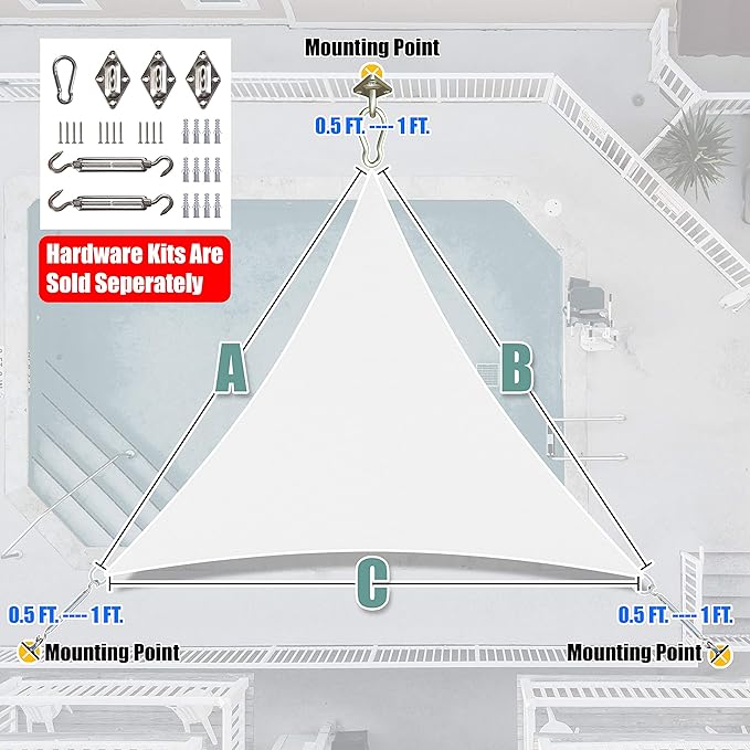 Amgo Custom Size 7' x 7' x 7' White Triangle Sun Shade Sail Order to Make Canopy Awning UPF50+ AGSLT, 95% UV Blockage, Water & Air Permeable, 200GSM Commercial Standard (We Customize) Amgo