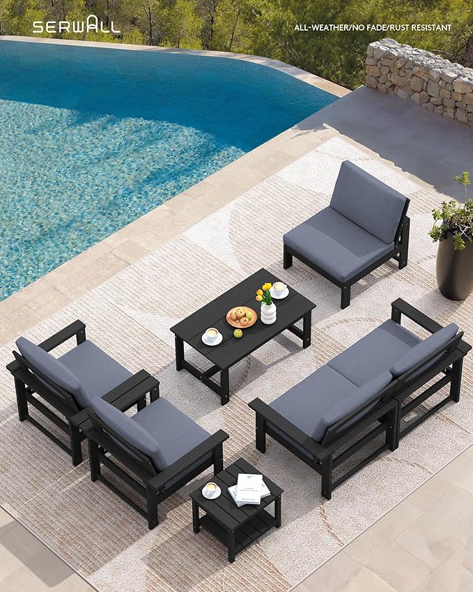 SERWALL HDPE Patio Conversation Set, 6-piece Sectional Outdoor Furniture Set, All Weather Outdoor Couch Set Patio Furniture Set for Deck, Lawn, Black Frame with Grey Cushion SERWALL