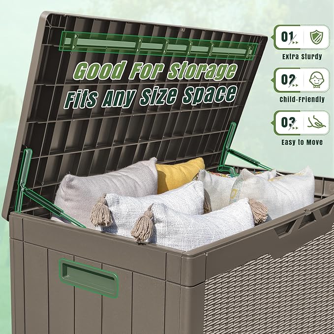 Greesum 100 Gallon Resin Deck Box Large Outdoor Storage with Cushions for Patio Furniture, Garden Tools, Pool Supplies, Weatherproof and UV Resistant, Lockable, Light Coffee BuynowfromGreesum