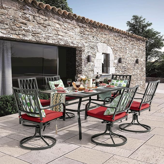 NUU GARDEN 7 Piece Outdoor Dining Set Rectangle Iron Patio Table with Umbrella Hole and 6 Swivel Chairs with Cushions Outdoor Furniture Set for Garden Backyard Black and Red NUUGARDENCORPORATION
