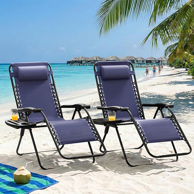 Homall Zero Gravity Chair Patio Folding Lawn Outdoor Lounge Gravity Camp Reclining Lounge Chair with Cup Holder Pillows for Poolside Backyard and Beach Set of 4 (Blue) Homall