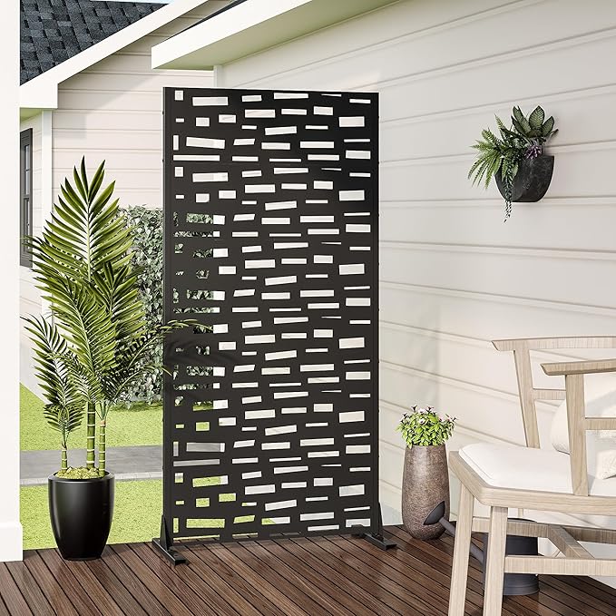 Casaphoria 72" H x 35" W Metal Outdoor Privacy Screen, Freestanding Decorative Divider for Patio, Deck, Balcony, and Garden with Stable Base, Black-Gerald Casaphoria