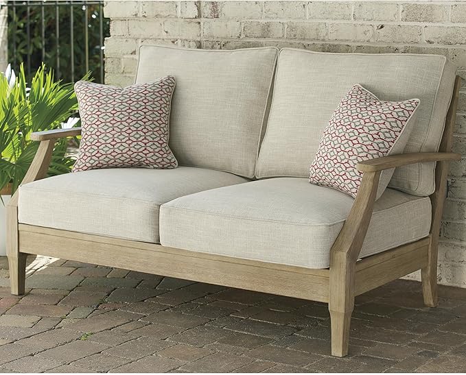 Signature Design by Ashley Clare View Coastal Outdoor Loveseat, Cushioned with Nuvella Fabric, Protective Finish, Eucalyptus Wood, 55.5" W x 35" D x 32" H, Beige SignatureDesignbyAshley