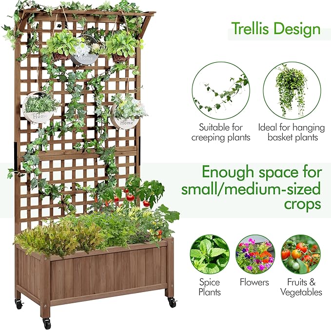 Yaheetech 72" H Horticulture Garden Planter with Trellis for Vine Climbing Plants, Raised Box Outdoor w/Drainage Holes Raised Garden Bed Planter Box for Flowers, Dark Brown Yaheetech