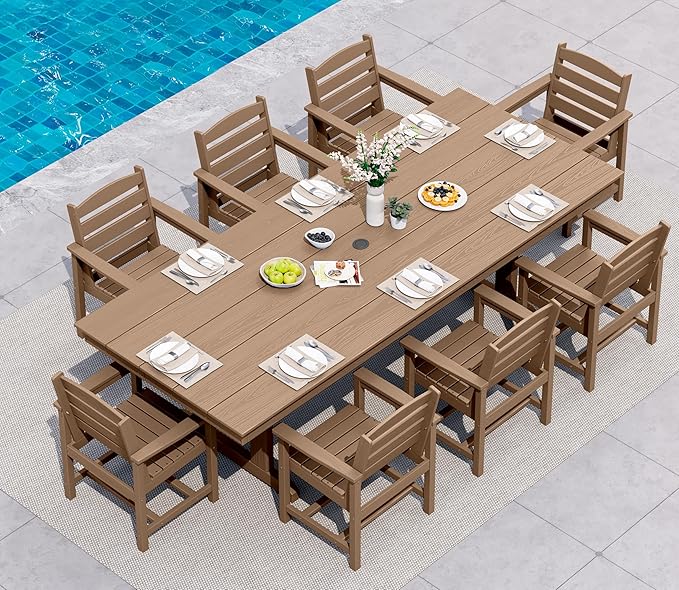 SERWALL 9 Piece Outdoor Dining Set, 84" HDPE Outdoor Table and Chairs for 8，All Weather Patio Furniture Set with Umbrella Hole for Backyard, Garden, Brown SERWALL