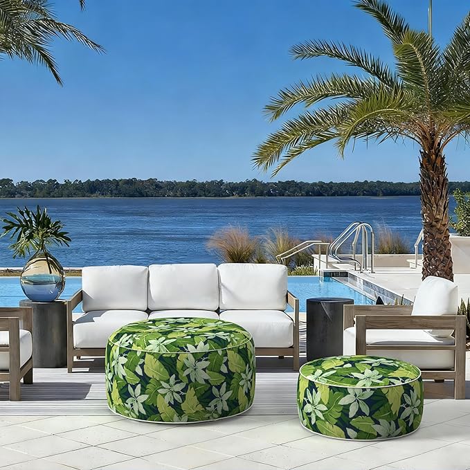 LVTXIII Indoor/Outdoor Extra Large Inflatable Ottoman Pouf D31 x H14 Inch, Round Footstool with Handle, Weather-Resistant Portable Furniture for Patio, Camping, Beach, Jungle Leaves LVTXIII