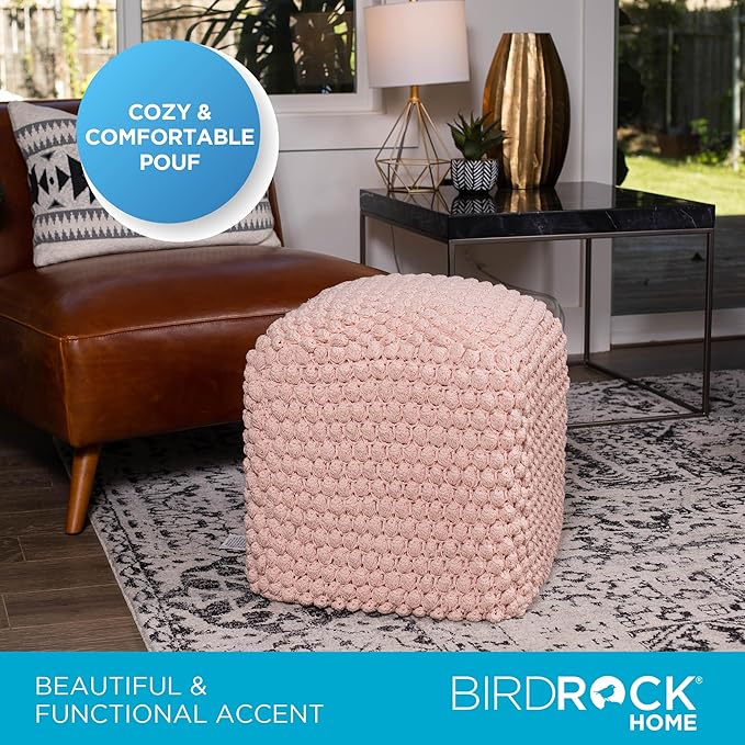 BIRDROCK HOME Buds Pouf Foot Stool Ottoman - Knit Bean Bag Floor Chair - Cotton Braided Cord - Great for The Living Room, Bedroom and Kids Room - Small Furniture (Dusty Rose - Buds) BIRDROCKHOME