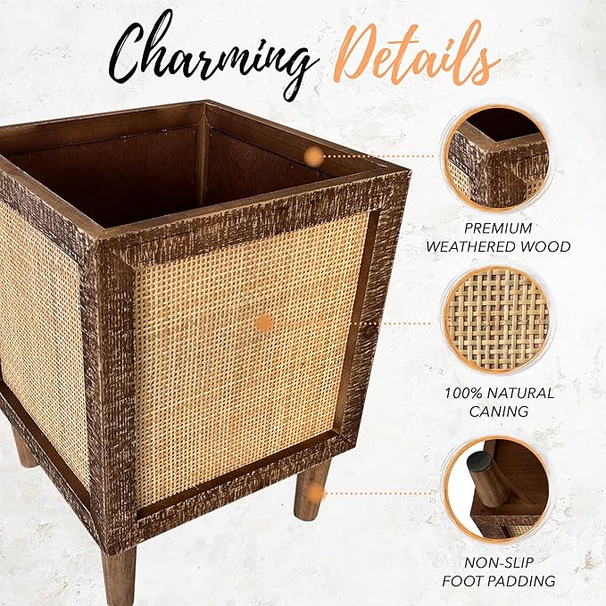 Autumn Alley Rustic Boho Large Indoor Planter - Rattan Planter Boxes Outdoor Set of 2 – Wooden Indoor or Outdoor Plant Box Stands – Decorative Square Woven Rattan Flower Pots for Home & Office AutumnAlley