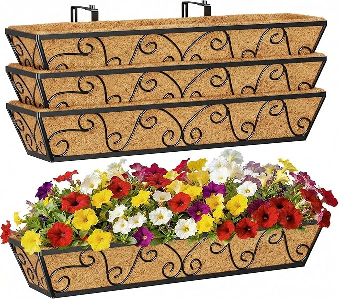4pcs 30 Inch Window Deck with Coco Liner, 30" Window Boxes Horse Trough with Coconut Coir Liner, Metal Hanging Flower Planter Window Basket Deck Railing Planter Boxes for Outdoor Indoor Lawn LAWYAMAI