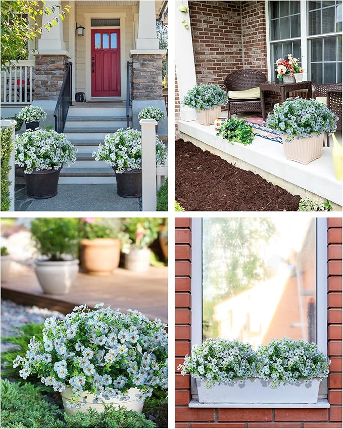 JAKY-Global Faux Artificial Plants Outdoor Flowers Spring Summer Decoration 16 Bundles Fake Eucalyptus Silk Daisy UV Resistant Realistic for Outside Planters,Pot,Front Porch,Patio,Yard Decor JAKY-Global