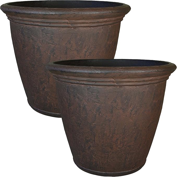 Sunnydaze 24-Inch Anjelica Large Plastic Pot for Plants - Outdoor Double-Walled Large Plastic Planter with Drillable Drainage Holes - Rust - 2pk SunnydazeDecor