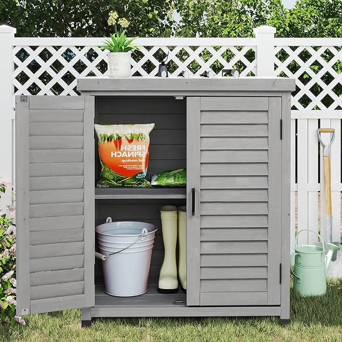 Outdoor Storage Cabinet & Potting Bench Table with Metal Top, Wooden Patio Furniture, Garden Workstation (Accent Grey, 36x31x17in) OutdoorFurniture