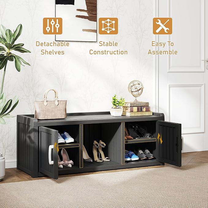 2-Tier Storage Bench, Waterproof UV-Resistant Outdoor Shoe Storage Cabinet with 2 Doors & Adjustable Shelves for Indoor Outdoor Entryway, Hallway, Living Room(Black) NBYSGO