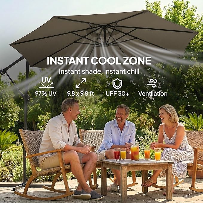 Outsunny 10 ft Offset Patio Umbrella with Cover, Round Hanging Cantilever Umbrella with 6-Position 360° Rotation, Crank Handle, Tilt, Cross Base, Heavy Duty Outdoor Umbrella for Garden Outsunny