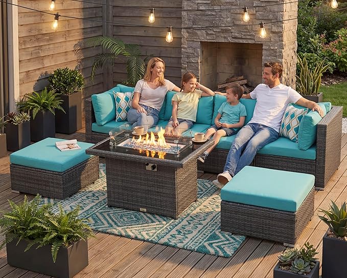 NICESOUL 29.3'' High-Back Outdoor Patio Furniture Set with Firepit Propane & Natural Gas, Oversized Deep Seat Rattan Conversations for Tall People, 7 Piece Couches, 2 Color Cushions Turquoise & Grey NICESOUL