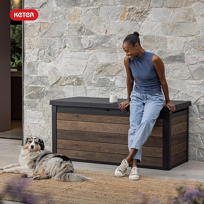 Keter Signature Collection 150 Gallon Resin Deck Box Organization and Storage Box for Patio Outdoor Cushions, Throw Pillows, Garden Tools and Pool Supplies, Walnut Keter