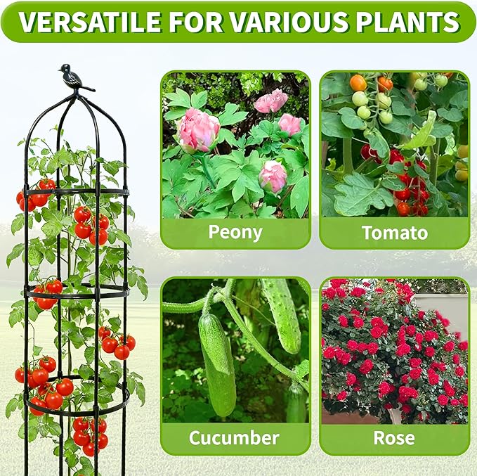 6.7FT Garden Obelisk Trellis for Climbing Plants,Adjustable 5-Tier Metal Plant Support,Rustproof Outdoor Plant Tower with 3 Decorative Tops for Roses,Tomatoes,Clematis & Vines,Black TCBWFY
