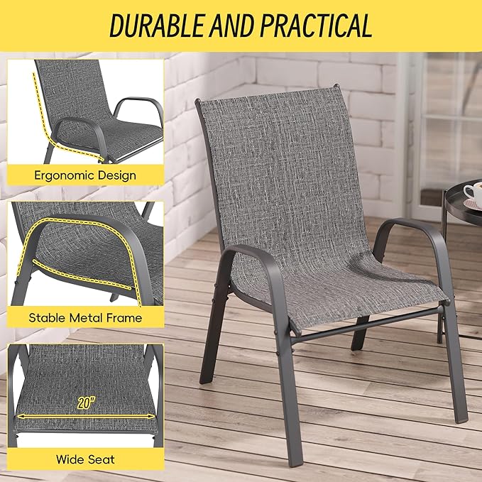 Betterhood Patio Chairs Set of 6, Stackable Outdoor Dining Chairs Set with Breathable Seat Fabric, All-Weather Powder-Coated Metal Frame for Deck, Pool Side and Backyard, 350LBS Capacity Betterhood