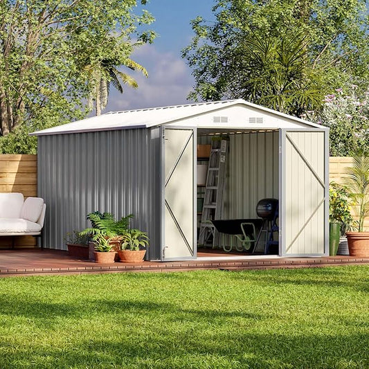 Patiowell 12 x 8 FT Outdoor Storage Shed, Steel Shed Storage House with Design of Lockable Doors, Utility and Tool Storage for Garden, Patio, Backyard, Outside use, Gray Patiowell